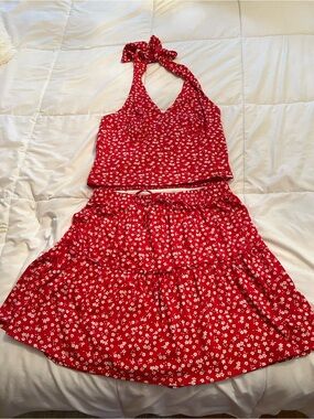 No Boundaries size 11/13 large Red and White Floral crop halter top skirt set